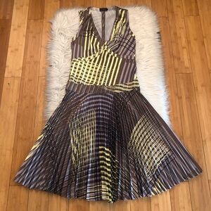 Reiss Lime Brown Pleated Mixed Stripes V-neck Sleeveless Dropped Waist Dress 10